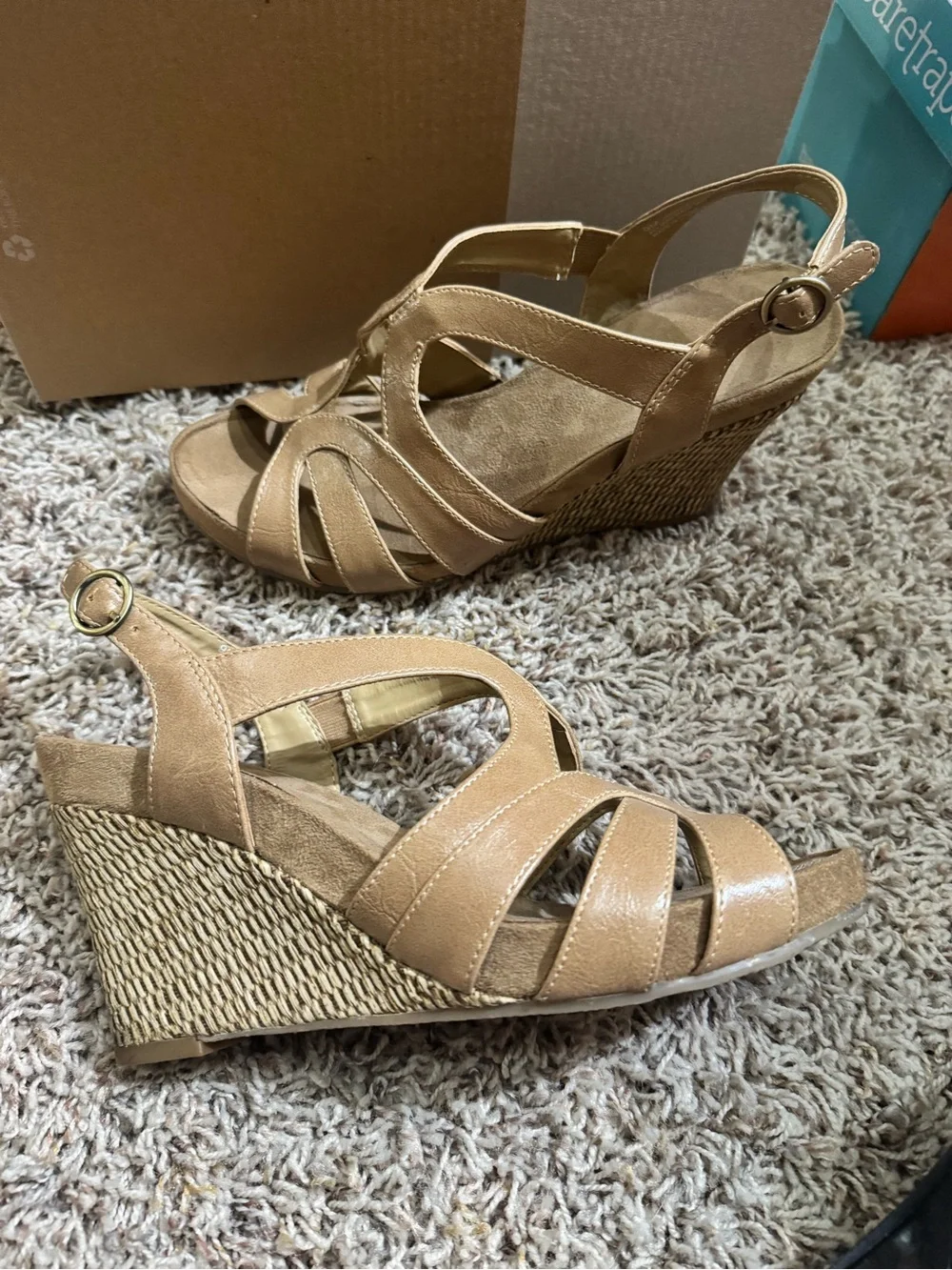 TWO AEROSOLES Women's Black Tan Wedge Strappy Sandals *Comfort Memory Foam*